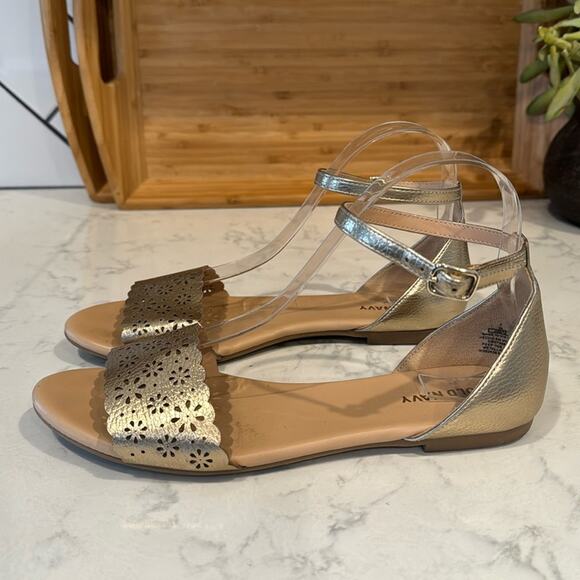 Old Navy Laser cut peep toe metallic gold ankle strap sandals summer  size 7 - Picture 1 of 9
